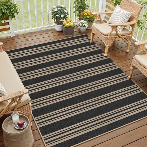 PureCozy Striped Easy Jute Rug 4x6 Black Entryway Carpet Washable Non Slip Office Door Mat Farmhouse Neutral Non Shedding Small Indoor Outdoor Rug for Bathroom Kitchen Bedroom Living Room - color: Black/Striped, size: 4' x 6' (Rectangular)