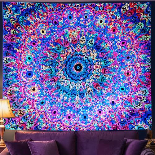 PRRPRR Blacklight Mandala Tapestry for Bedroom, UV Reactive Trippy Wall Tapestry, Bohemian Aesthetic Wall Art Decor for Adults Teens (Mandala, 78"x59") - color: Mandala Tapestry Purple, size: 78"L x 59"W
