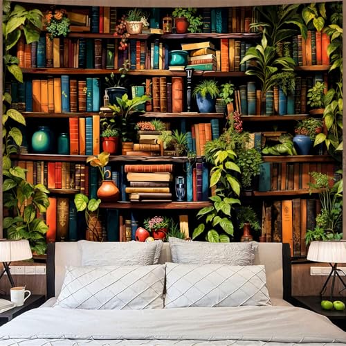 Accnicc Botanical Bookshelf Tapestry Lush Green Plant Book Shelf Tapestries Wall Hanging Art Vintage Retro Potted Plants Academics Small Library Tapestry for Bedroom Living Room Dorm 60 x 44 inch - color: Green, size: 60"L x 44"W