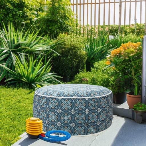 Magpie Fabrics Indoor/Outdoor Inflatable Stool Ottoman Pouf, Water Repellent Round Footrest Footstool with Foot Pump D20 xH9, Portable for Patio Garden Travel Camping or Home, Morgan Medal Blue