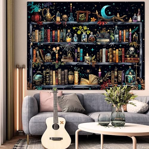 Accnicc Magic Bookshelf Tapestry Magical Witchy Potion Dark Hippie Haloween Tapestries Wall Hanging Gothic Skull Black Cat Library Book Small Tapestry for Bedroom Living Room Dorm 60 x 44 inch - color: Blue, size: 60"L x 44"W