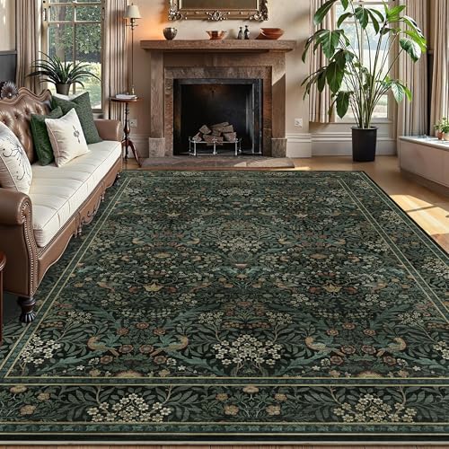 5x7 Floral Washable Area Rug for Living Room, Vintage Boho Large Rug for Bedroom Dining Room， Distressed Botanical Birds Non Slip Low Pile Forest Animal Throw Carpet for Farmhouse Office, Dark Green - color: Dark Green, size: 5' x 7' (Rectangular)