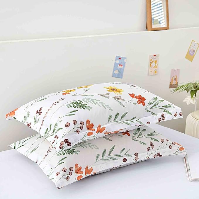 Nanko Floral Pillow Case Set (2 Pack), White Green Yellow Flower Leaf Spring Botanical Pattern Printed Farmhouse Soft Bedroom Decor Pillowcases/Pillow Shams - 20x30 inch Standard Queen Size