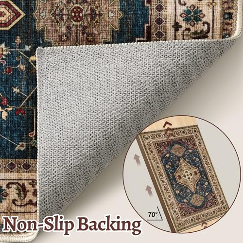 Tangsoo Oriental 2x3 Washable Rugs, Vintage Non Slip Small Area Rug, Indoor Front Door Rug for Entryway, Door Mat Indoor Entrance Soft Low Pile Throw Rugs for Entry Kitchen Bedroom Dark Blue Beige - color: Dark Blue/Beige, size: 2' X 3' (Rectangular)