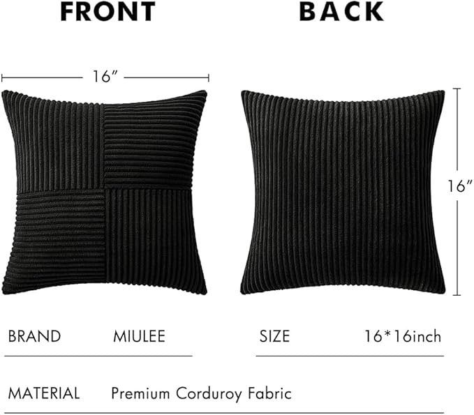 MIULEE Black Decorative Throw Pillow Covers 16x16 Inch for Couch Bed Sofa Pack of 2 Boho Farmhouse Throw Pillows Soft Cross Corduroy Patchwork Textured Cushion Cases