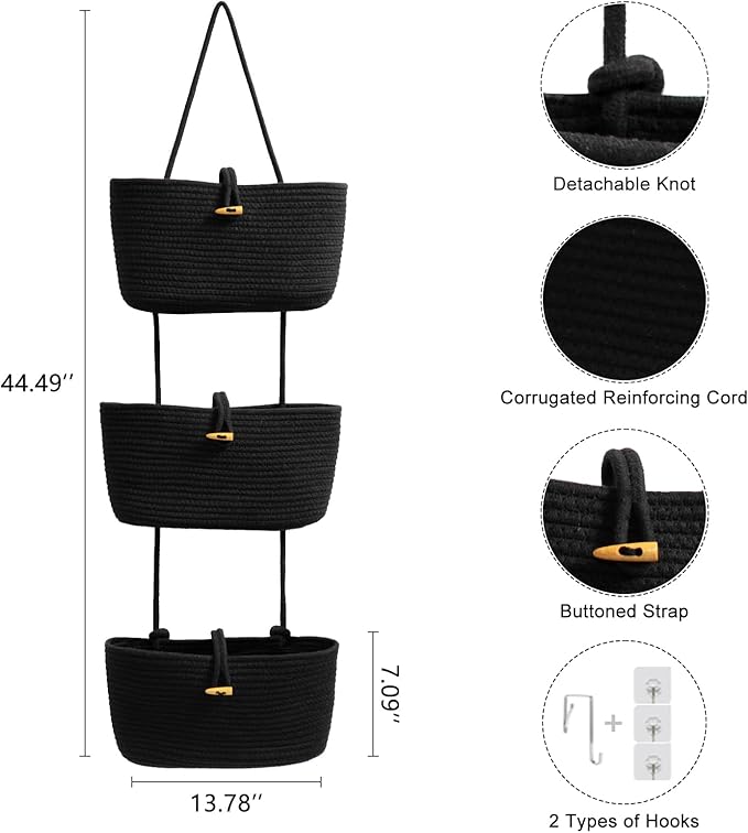 TeoKJ Over the Door Hanging Baskets with Button Strap, 3-Tier Woven Cotton Storage Organizer Bag, Wall-Mounted with Hook Decorative Hanging Nursery Baskets - Black