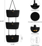TeoKJ Over the Door Hanging Baskets with Button Strap, 3-Tier Woven Cotton Storage Organizer Bag, Wall-Mounted with Hook Decorative Hanging Nursery Baskets - Black