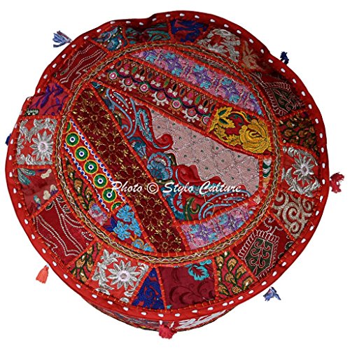 Round Ethnic Cotton Patchwork 45 cm Embroidered Ottoman Stool Pouf Cover Red Floral Bean Bag Foot Rest Indian Decor Living Room - color: Red
