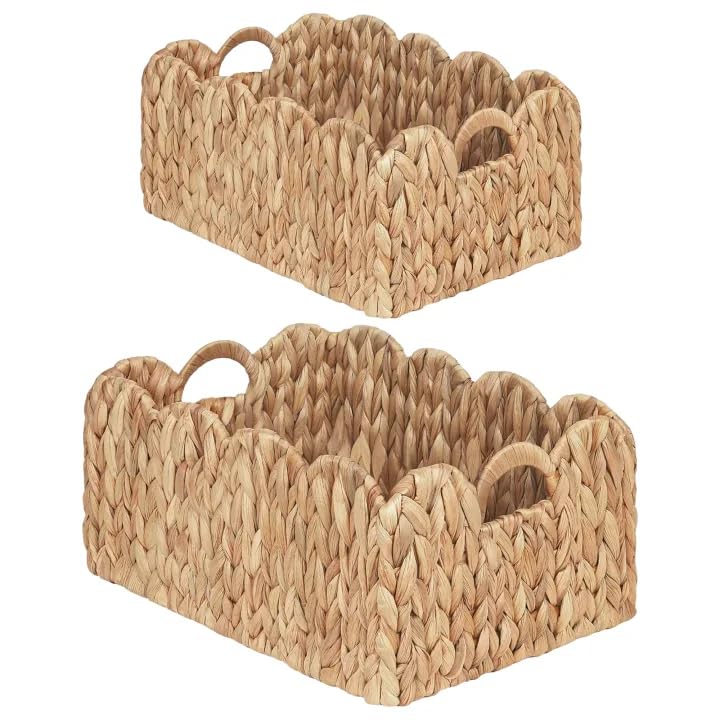iEGrow Scalloped Wicker Basket, Set of 2 Woven Rattan Natural Water Hyacinth Baskets with Built-in Handles, Rectangle Storage Baskets for Organizing, Decor, Shelf and Nursery Room - size: Rectangle