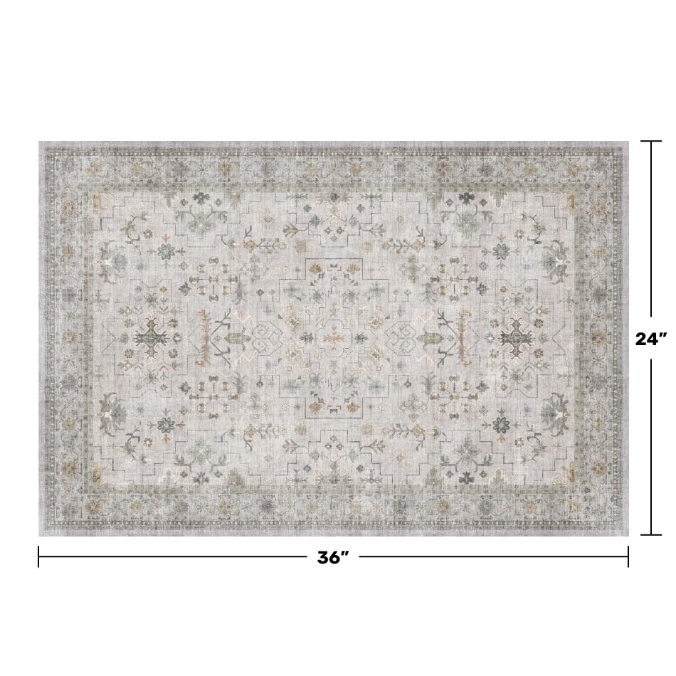 Washable 2x3 Throw Rugs for Entryway, Front Door Mat, Low Pile Non-Slip Small Area Rugs for Kitchen, Bathroom, Powder Room, Mudroom, Neutral Light Grey with Floral Accent - color: Light Gray, size: 2' x 3' (Rectangular)