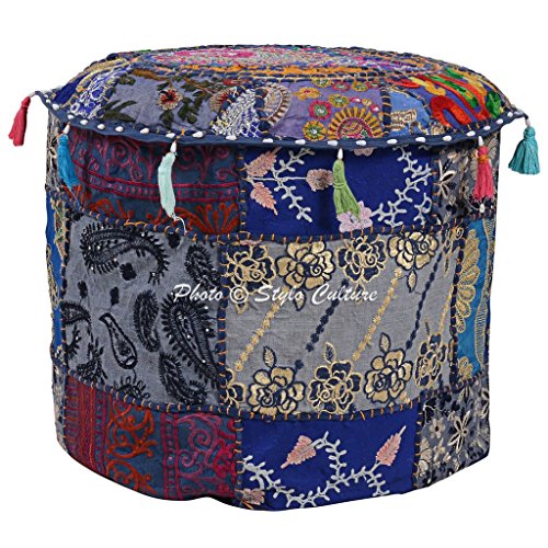 Cotton Indian Ethnic Floral Patchwork Embroidered Round Ottoman Pouf Cover Blue Foot Stool Furniture 45 cm Footstool Floor Cushion Home Decor Bean Bag - color: Dark Blue