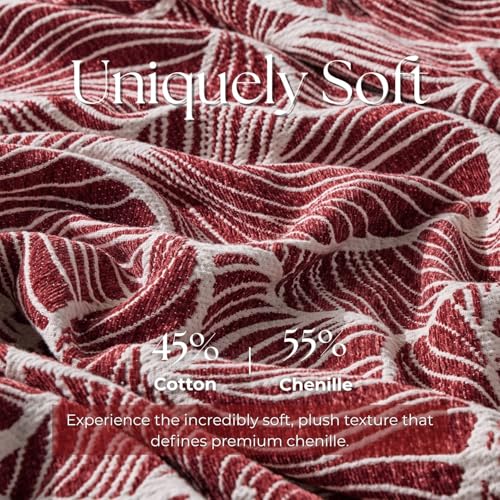DOWN HOME Chenille Cotton Throw Blanket for Couch, Lightweight Boho Blanket for Bed Sofa Chair Living Room Outdoor Soft Woven Decorative Blanket with Tassel Gift Red Leaves 60"x80" - color: Red, size: 60"x80"