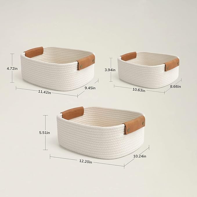 CHICVITA 3 Pack Rectangle Cotton Rope Woven Basket with Handles for Books, Magazines, Toys - Ideal Gift Decorative Basket for Baby Nursery, Living Room