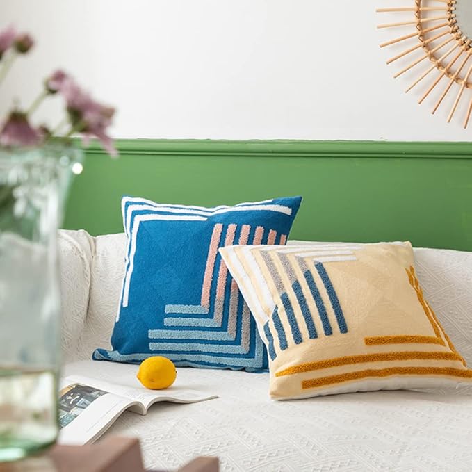 Boho Abstract Tufted Throw Pillow Cover Geometric Embroidered Decorative Pillowcase Farmhouse Cotton Square Accent Cushion Cover for Sofa Couch Bedroom (Type D,18"x18")