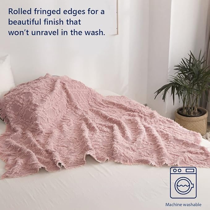 Simple&Opulence 100% Cotton Throw Blanket for Bed, Couch, Boho Textured Geometric Knit Woven Blanket with Tassels Soft, Lightweight Breathable Shabby Chic Farmhouse Decoration for All-Season(Pink)