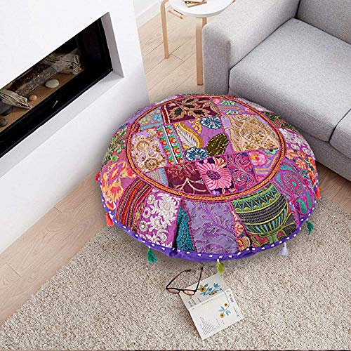Rajasthani Handmade Colorful Decorative Floor Pillow Cover Meditation Patchwork Patchwork Cushion Seating Accent Boho Chic Indian Handmade Cover ONLY (Purple Patchwork, 32x32 Inches) - color: Purple