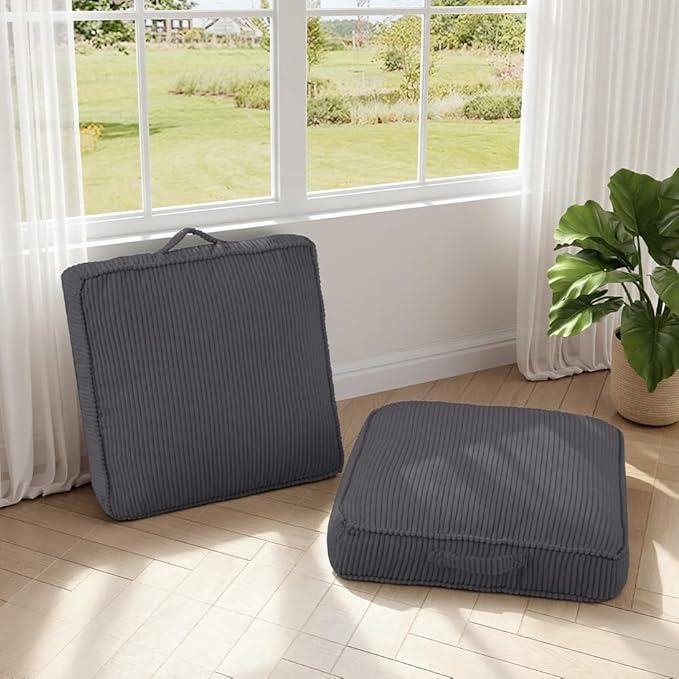 Floor Pillow for Adults Set of 2, 4" Square Floor Cushions with Washable Cover, Large Corduroy Meditation Pillow, 24 inches Tatami Seat with Handle for Living Room or Yoga, Dark Grey