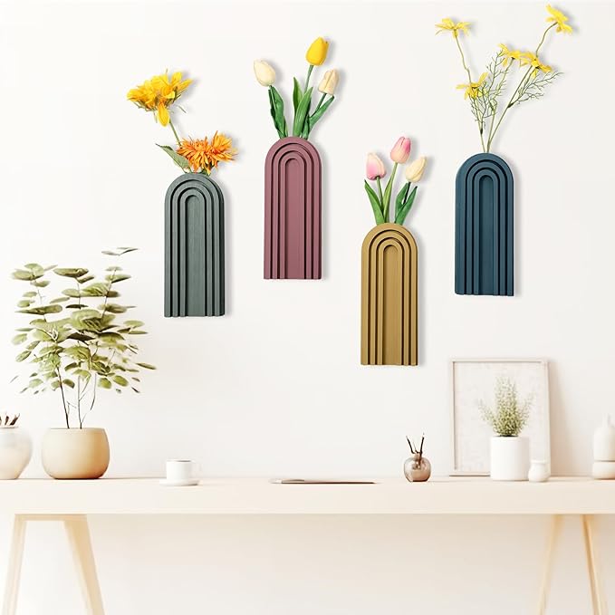 4 Pack Wood Wall Planter Indoor Wall Decor Plant Holders Boho Hanging Planter Vases for Modern Farmhouse Living Room Bedroom Rainbow Decor (Morandi Color)