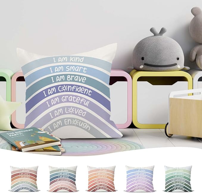 QIYUHOY Rainbow Classroom Throw Pillow Covers, Book Center Calming Corner Playroom Decor Pillow Case, Blue Pillow Cover, I Am Kind Smart Brave Confidence 18x18 Inch Pillowcase（Blue）