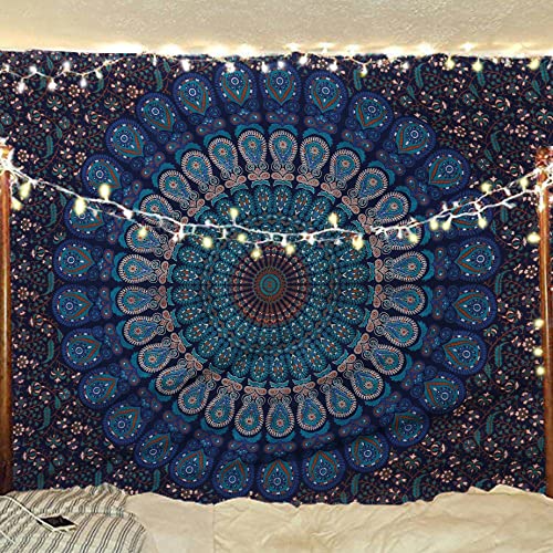 Bless International Handmade Indian hippie Bohemian Psychedelic Peacock Mandala Wall hanging College Dorm Beach Throws Table Cloth Bedding Tapestry (Blue Green, Poster(30x40Inches)(76x101cms)) - color: Blue Green, size: 40"L x 30"W
