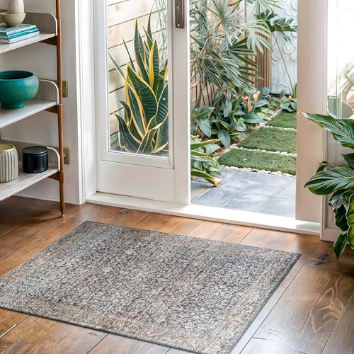 Bloom Rugs Washable Non-Slip 2x3 Rug - Dark Blue/Tan Traditional Oriental Area Rug for Living Room, Bedroom, Dining Room, and Kitchen - Exact Size: 2' x 3' - color: Dark Blue / Tan, size: 2' x 3' (Rectangular)
