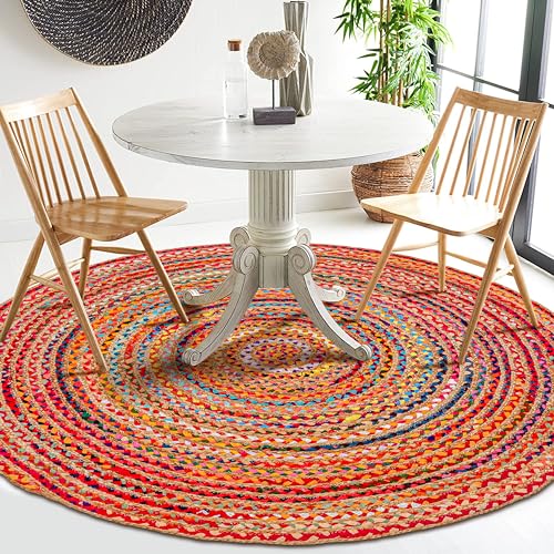 Hausattire Bohemian Braided Rug 3' Round - Multi Color, Small Farmhouse Jute Cotton Area Rag Rugs for Kids Bedroom, Playroom | Colorful Circle Hand Woven Cute Accent Mat - color: Multi Color, size: 3' (Round)
