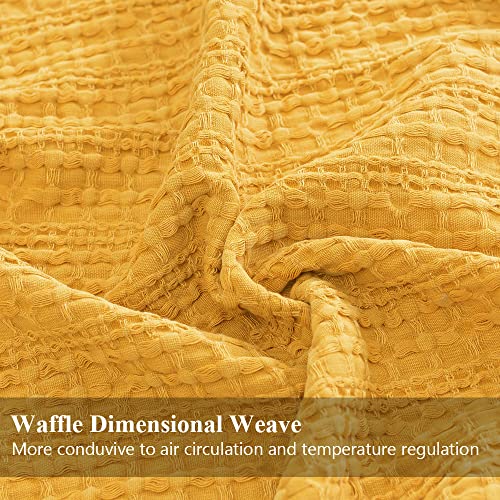 Simple&Opulence 100% Cotton Throw Blanket for Couch, Bed, Waffle Weave Knit Blanket with Tassels, Soft Lightweight Pre-Washed Breathable Cozy Blanket Farmhouse Decoration for All-Season (Gold Yellow) - color: Yellow