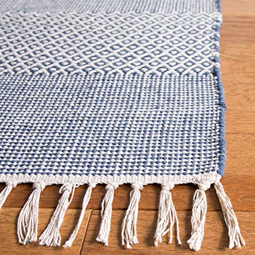 SAFAVIEH Montauk Collection Runner Rug - 2'3" x 8', Ivory & Navy, Handmade Flat Weave Boho Farmhouse Cotton Tassel Fringe, Ideal for High Traffic Areas in Living Room, Bedroom (MTK330B) - color: Ivory/Navy, size: 2'3" x 8' (Runner)