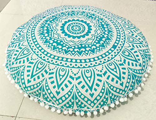 CRAFT KALA Mandala Floor Pillow Cushion Cover Seating Throw Cover Hippie Decorative Bohemian Ottoman Poufs Pom Pom Pillow Cases Boho Indian Cotton Living Room Yoga Home Décor (24" Round, Green Ombre) - color: Green Ombre, size: 24" x 24" (Pack of 1)