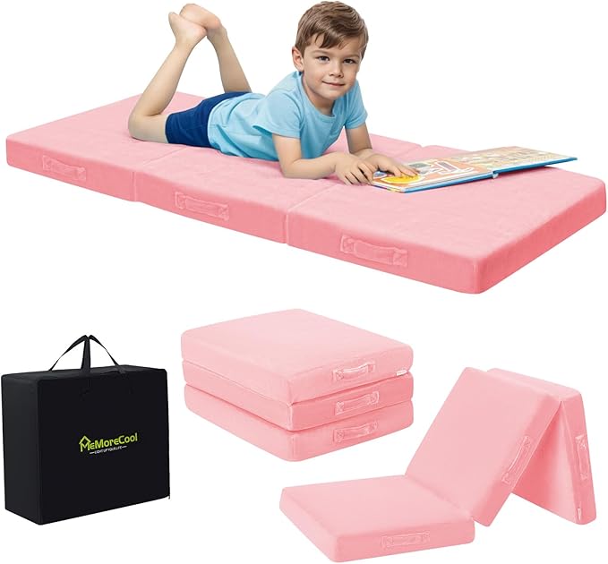 MeMoreCool Foldable Floor Mattress Kids Trifold Mat, Kids Folding Mattress Portable Futon, 57x22 Inch Pink