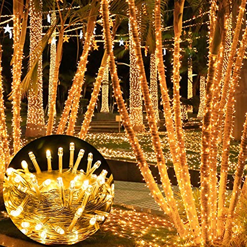 LJLNION 300 LED String Lights Outdoor Indoor, Extra Long 98.5FT Christmas Lights, 8 Lighting Modes, Plug in Waterproof Fairy Lights for Wedding Party Bedroom Decorations (Warm White) - color: Warm White