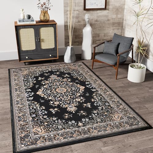 HOMORE Black Rug 4x6 Area Rugs for Bedroom, Washable Non Slip Rug for Living Room Vintage Floral Rugs for Kids Room, Indoor Carpet for Kitchen Farmhouse Home Office - color: Black, size: 4' x 6' (Rectangular)