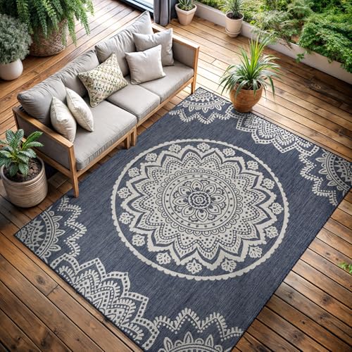 CAMILSON Outdoor Rug 9x12 Modern Area Rugs for Large Indoor and Outdoor Patios and Porches - Waterproof Washable Non-Shedding, Easy-to-Clean Outside Carpet (9 x 12, Medallion - Blue/White) - color: Medallion - Blue / White, size: 9' x 12' (Rectangular)