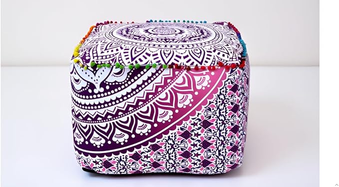 CRAFT KALA Large Hippie Mandala Meditation Floor Ottoman Pillow Cushion Pouf Cover Square Poufs Cover Bohemian Circle Floor Cushion Cover Outdoor Fireplace Living Room Decor 22X22X14 inches,Pink Ombre