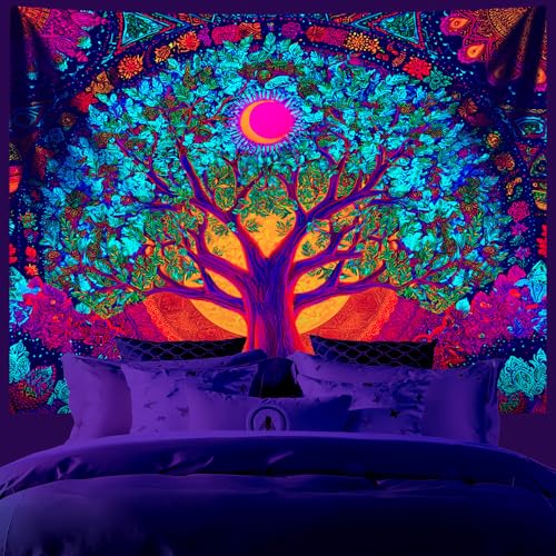 AOHMPT Blacklight Tree of Life Tapestry Trippy Fluorescent Wall Hanging Psychedelic Boho Decor Glow in the Dark Mandala Tapestries for Bedroom Party, 79x59 In - color: Tree(1), size: 79"L x 59"W