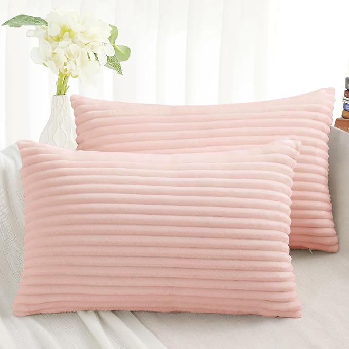Simmore Decorative Spring Valentine’s Day Throw Pillow Covers 12x20 Set of 2, Soft Plush Flannel Double-Sided Fluffy Lumbar Pillow Covers for Couch Sofa Living Room, Pink
