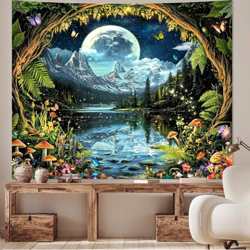 Apdidl Forest Nature Wall Tapestry for Bedroom, Green Landscape ice Mountain Plant Floral Moon Tapestries Aesthetic, Mushroom Butterfly White Clouds River Space Decor Wall Hanging for Living Room（60" x 51") - color: Forest Tapestry, size: 60"L x 51"W
