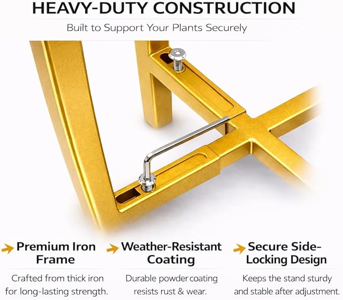 Gold Metal Plant Stand for Indoor Plants, Adjustable Heavy Duty Plant Stand Fits 8-14 Inch Pots, Modern Brass Flower Pot Holder with Anti-Scratch Feet, Mid Century Indoor Plant Stand