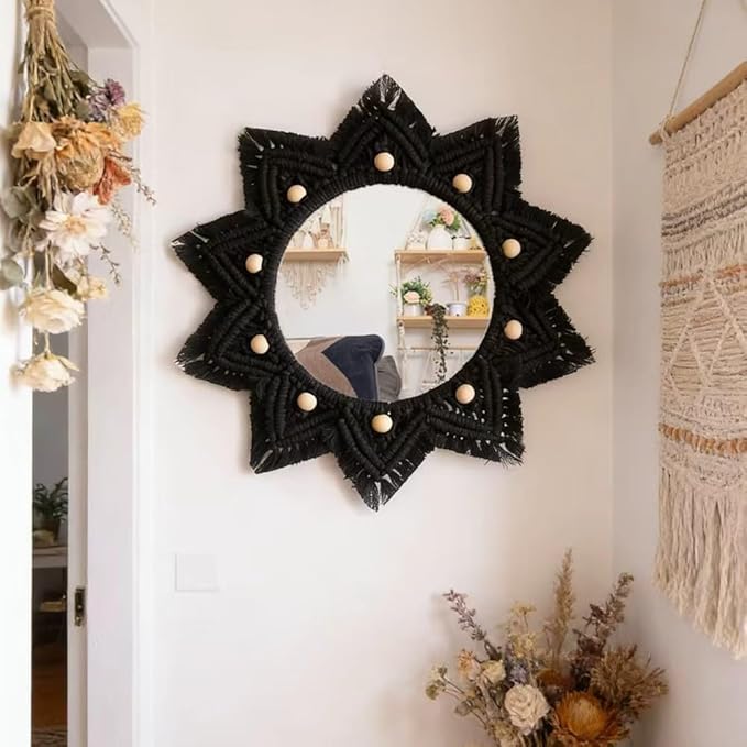 Boho Wall Hanging Mirror Macrame Bohemian Round Mirror for Bedroom Living Room Apratment