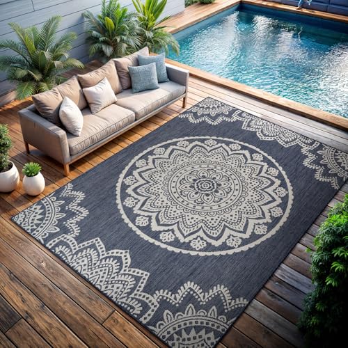 CAMILSON Outdoor Rug 8x10 Modern Area Rugs for Indoor and Outdoor Patios and Porches - Waterproof, Washable, Non-Shedding, Easy-to-Clean Outside Carpet (8 x 10, Medallion - Blue/White) - color: Medallion - Blue / White, size: 8' x 10' (Rectangular)
