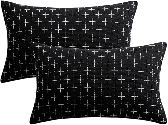 MIULEE Pack of 2 Decorative Burlap Linen Throw Pillow Covers Modern Farmhouse Pillowcase Rustic Woven Textured Cushion Cover for Sofa Couch Bed 12x20 Inch Black