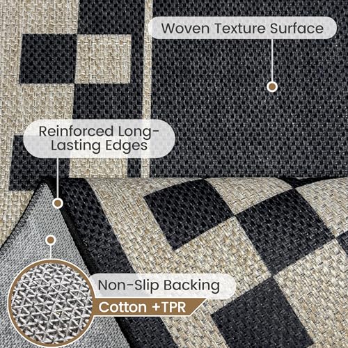 Washable Checkered Easy Jute Rug 5x7, Black Checkerboard Geometric Modern Outdoor Indoor Patio Large Bordered Rug, Woven Thin Carpet for Living Dining Play Room Bedroom Classroom Kids Nursery - color: Checkerboard -1 Black / Nature, size: 5' x 7'