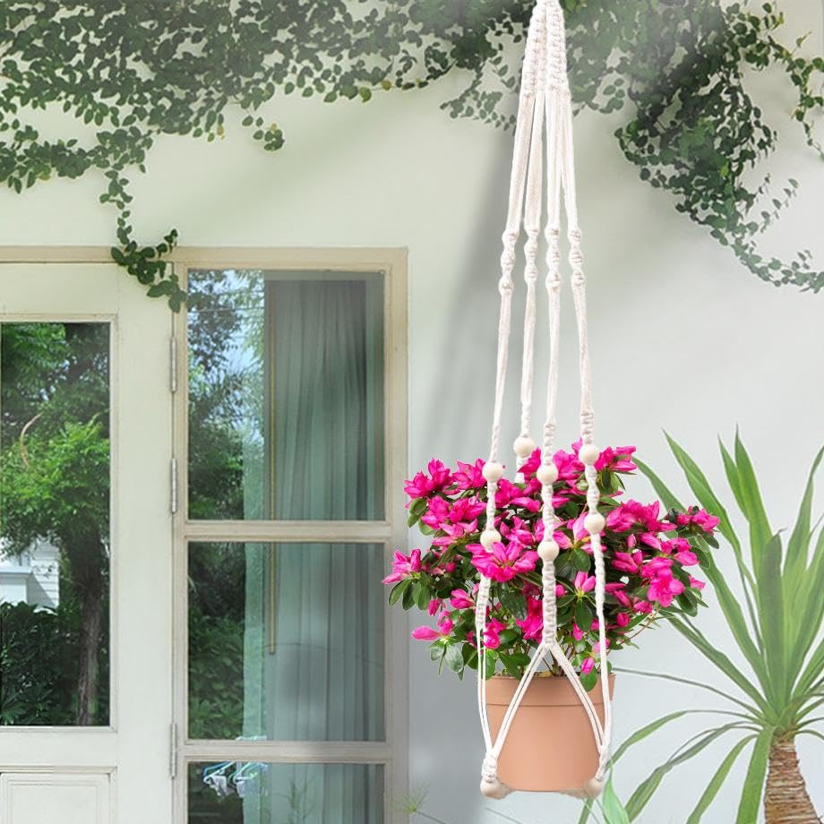 Boho Macrame Plant Hanger, 35 Inch Handmade Cotton Rope Hanging Planter Basket with Wooden Beads for Indoor & Outdoor Decor (White, Set of 1) - color: White