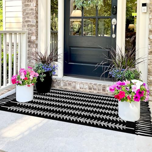 Front Porch Rug 23.6" x 51.2" Black and White Boho Herringbone Pattern Outdoor Rug Door Mat Cotton Hand Woven Rug for Front Porch Decor Washable Welcome Layered Doormat for Entryway Kitchen - color: Black Boho Herringbone Pattern Rug With Tassel
