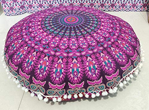 INDIAN CRAFT CASTLE 24" Pink Peacock Mandala Barmeri Large Floor Pillow Cover Cushion Meditation Seating Ottoman Throw Cover Hippie Decorative Zipped Bohemian Pouf Ottoman Pom Pom Cases 24" Round - color: Pink, style: 24 Inch Round