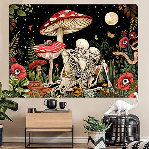 Accnicc Mushroom Skull Tapestry Skeleton Floral Plant Flower Aesthetic Bedroom Tapestries Nature Moon Wall Tapestry for Dorm Living Room (48'' × 36'') - color: Red, size: 48"L x 36"W