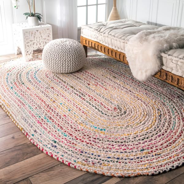 Nuloom Tammara Ivory/Multicolor, 3' x 5' Oval, Hand Braided, Bohemian, Cotton, Soft and Cozy, High Traffic, Stain Resistant, Easy Clean, Durable Runner for Bedroom, Living Room, Dining, Den