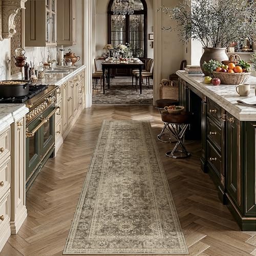 2x8 Washable Runner Rug for Kitchen Hallway Brown Vintage Non-Slip Low Pile Distressed Rustic Carpet Soft Long Throw Rug for Indoor Entryway Bedroom - color: Retro | Brown, size: 2' x 8' (Runner)