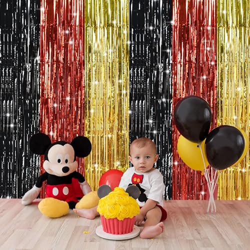 TONIFUL Black Red Gold Door Streamers,Black Red and Gold Photo Booth Backdrop Metallic Streamers Foil Fringe Curtain for Mouse Themed Birthday,New Year,Graduation,Baby Shower Party Decoration - color: Black Red Gold