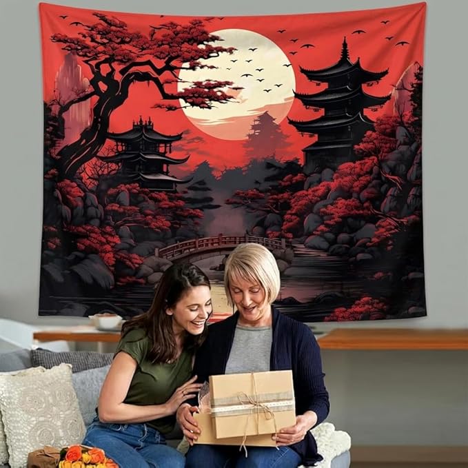 Atrippy Extra Large Anime Wall Tapestry for Bedroom Aesthetic, Black Red Japanese Forest Moon Wall Art Decor Tapestries Wall Hanging, Vintage Dark Nature Mountain Landscape Backdrop for Living Room 71"X90"